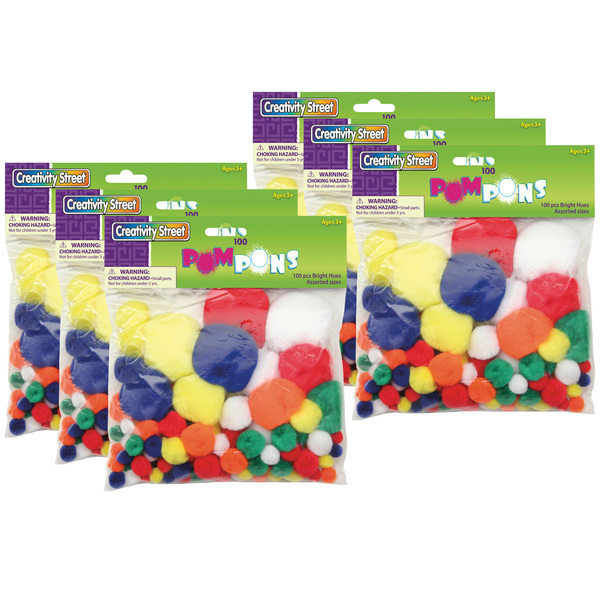 Creativity Street Pom Pons, Bright Hues, Assorted Sizes, 100 Count, PK6 PAC8121-01